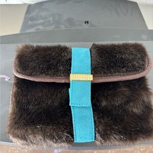 Luxurious Brown Fur Clutch with Teal Strap